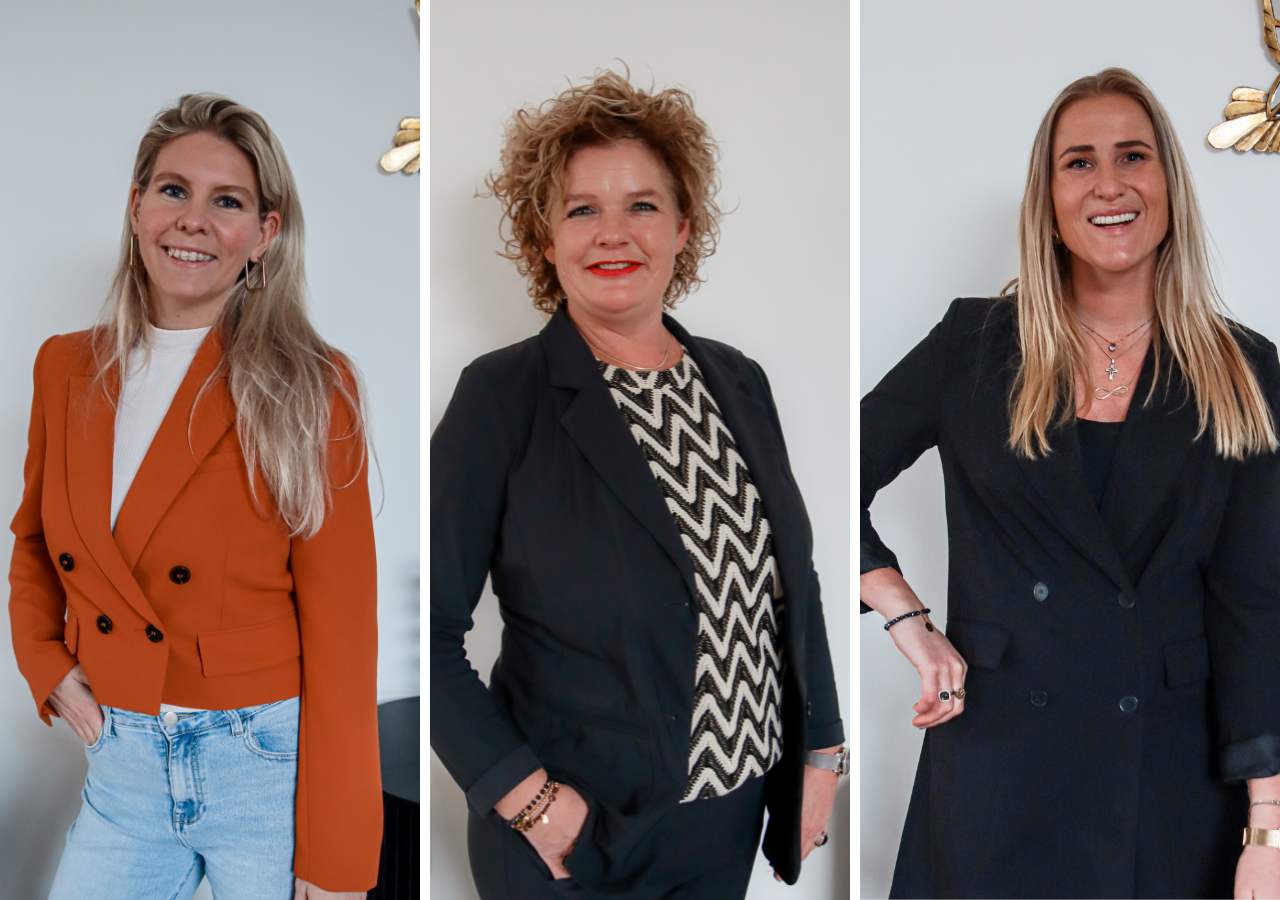 Makelaarskantoor Stijkel uit Harderwijk teamfoto met Marieke Stijkel Mariska Sterken en Romy Brouwer